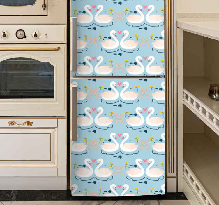 Swans in love on blue background fridge sticker - TenStickers