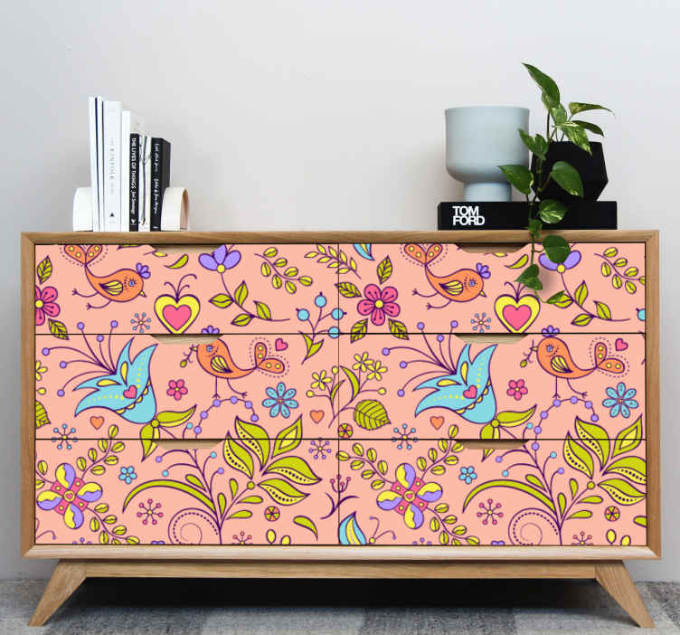 Floral with birds and butterfly furniture decal - TenStickers