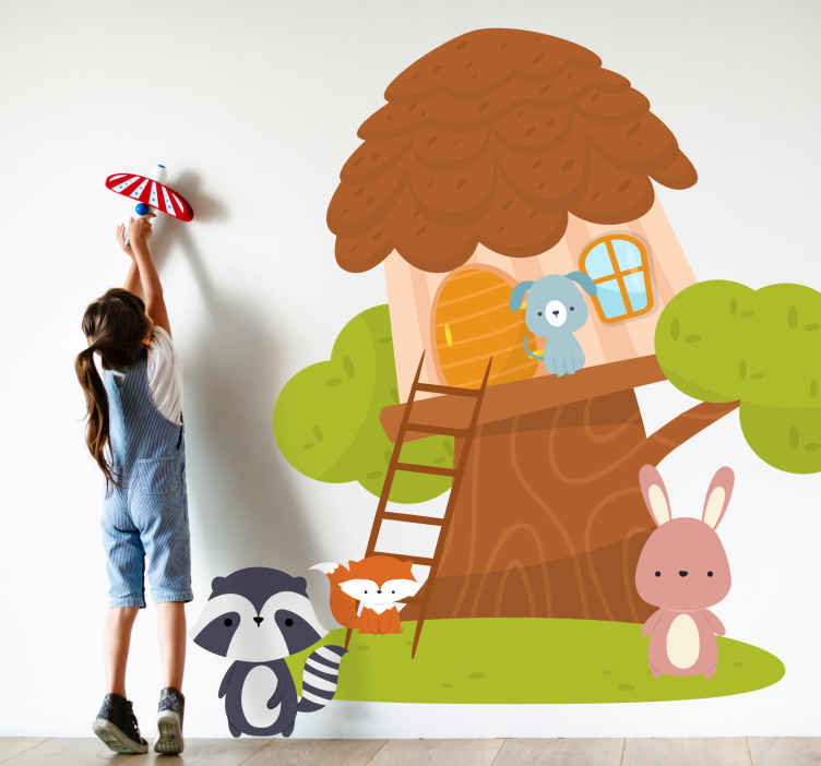 Wandtattoo Zeichnung Buntes baumhaus mit tieren - TenStickers