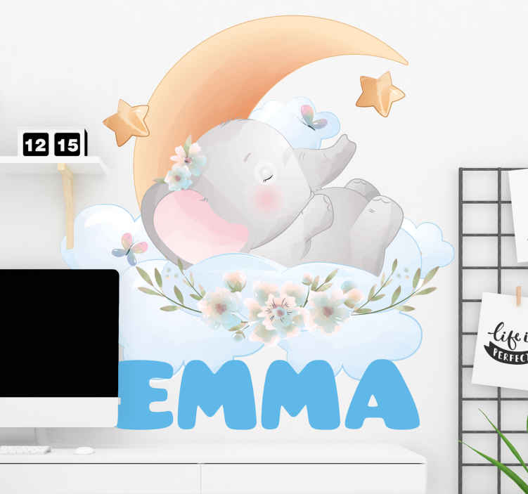 Cute animals elephant with name kids bedroom wall sticker - TenStickers