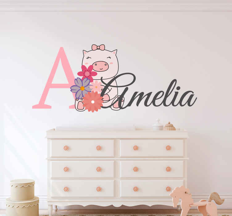Nursery wall sticker baby pig with name - TenStickers