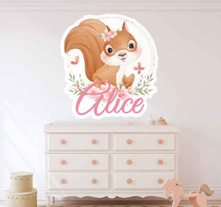 Sticker chambre enfant écureuil gris avec nom - TenStickers