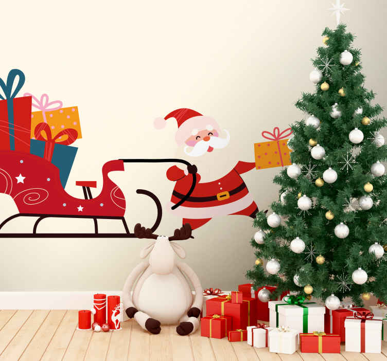 Vinilo de Navidad Trineo de dibujos animados con regalos santa - TenVinilo