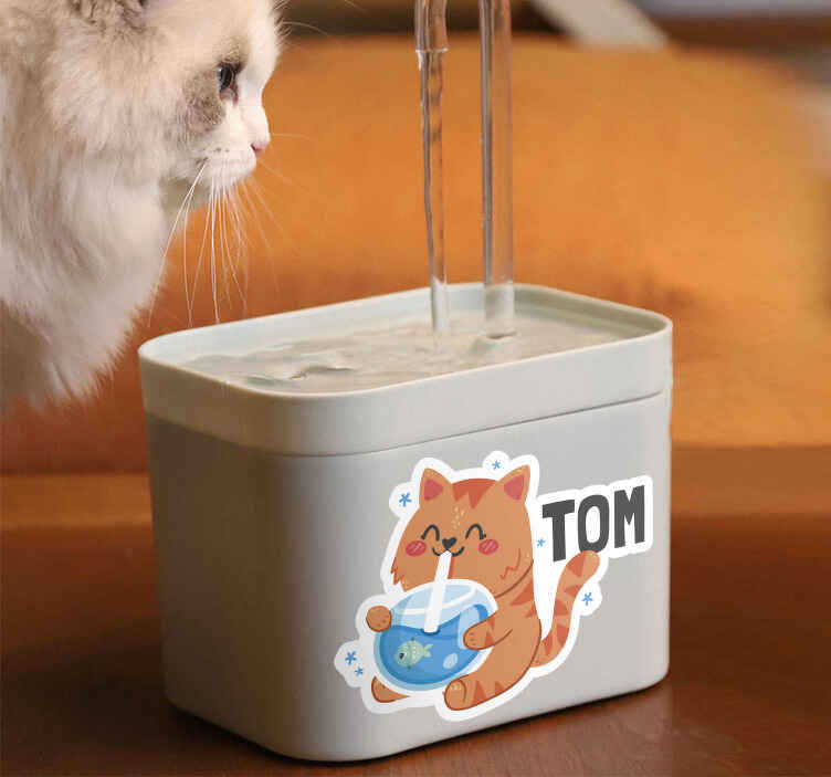 Vinilo gato tazón de agua con nombre - TenVinilo
