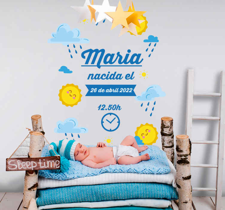 Vinilo infantil información de nacimiento azul con sol - TenVinilo