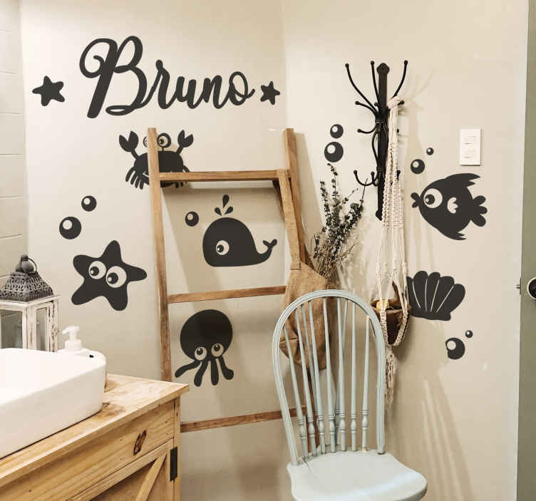 Vinilo para baño de animales marinos con nombre - TenVinilo