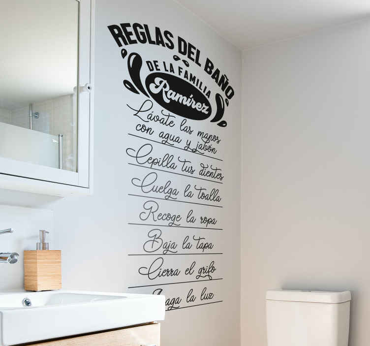 Vinilo decorativo personalizable reglas del baño con nombre - adhesivo pared