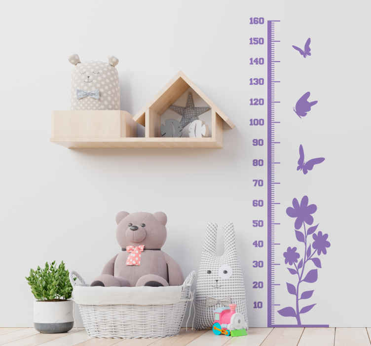 Bloemen muursticker kinder meetlat vlinders - TenStickers