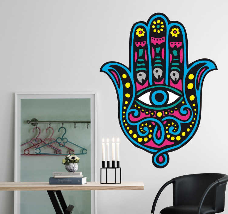 Pegatina con la obra «Mano de fátima o Hamsa color violeta» de