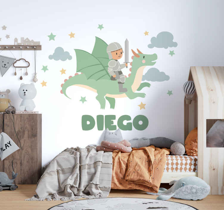Vinilo ilustración pequeño caballero sobre un dragón - TenVinilo