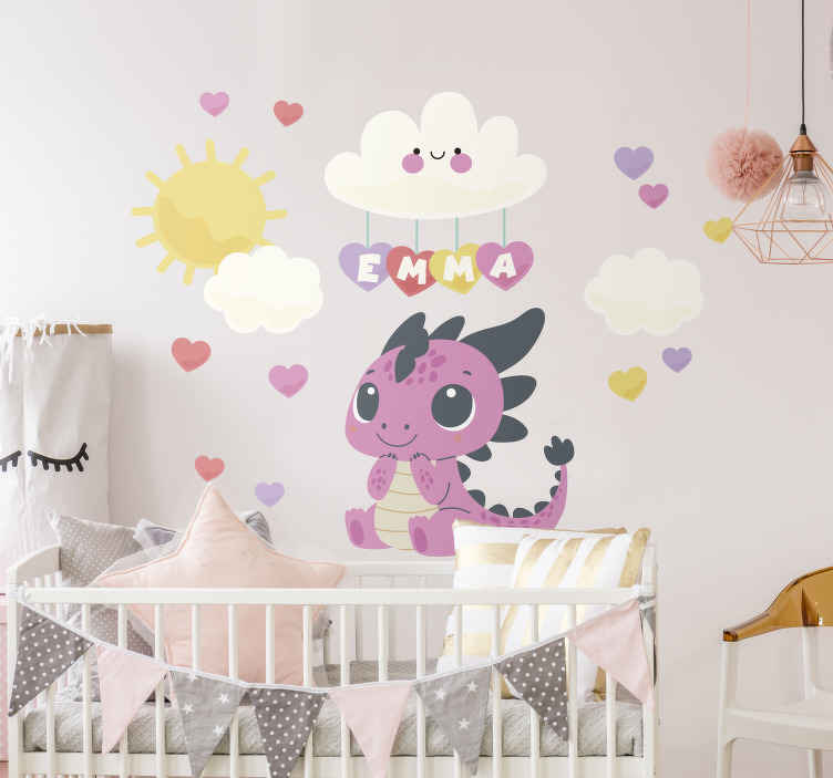 Sticker illustration dragon et nuages avec nom - TenStickers