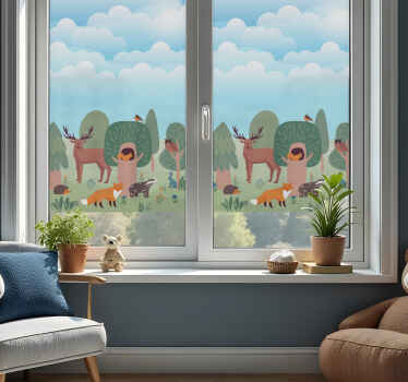 Sticker vitre scène d'animaux de la forêt - TenStickers