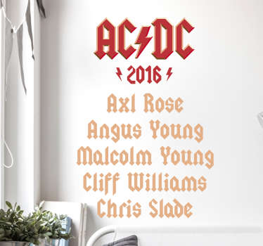 En este sticker aparece un listado de los músicos que integran el grupo liderados Angus Young durante la gira del año 2016.