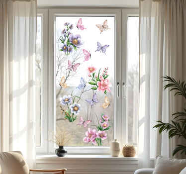 Sticker fenêtre fleurs et papillons colorés - TenStickers
