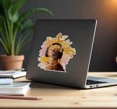 Happy cat with headphones Laptop sticker - TenStickers