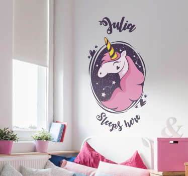 Pink unicorn with name fantasy wall sticker - TenStickers