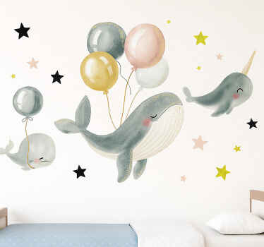 Happy whales with balloons wall mural sticker - TenStickers
