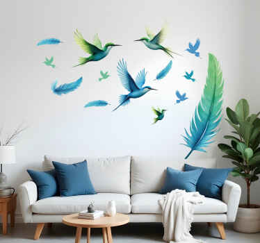 Adesivo murale piume blu con uccelli - TenStickers