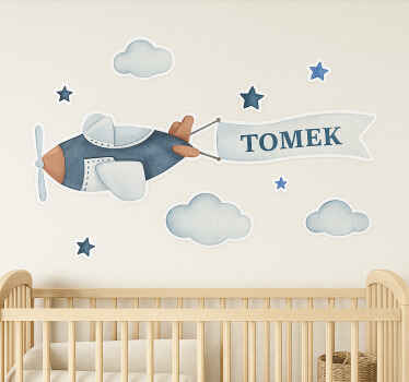 Samolot i imię dziecka wall mural sticker - TenStickers