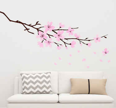 Vinilo para salón rama con flores rosas - TenVinilo