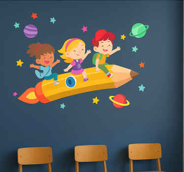 动物贴画 带孩子的铅笔火箭 - TenStickers