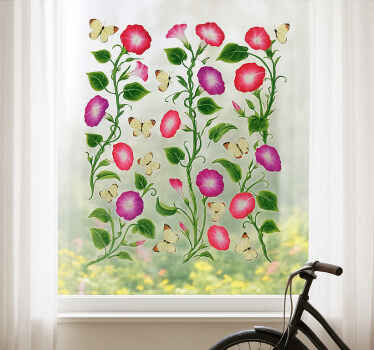 Raamsticker roze bloemen met vlinders - TenStickers