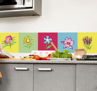 Multi-color flower patten kitchen tile sticker - TenStickers