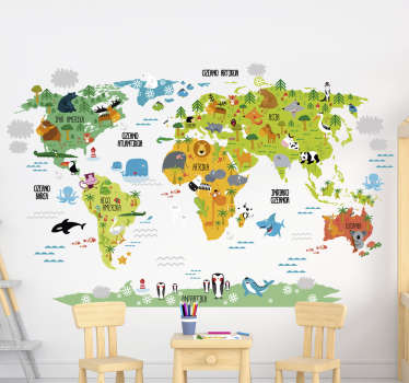Vinilo mapamundi infantil animales euskera - TenVinilo