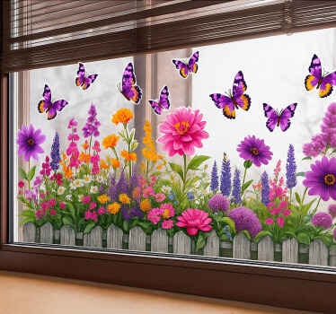 Vinilo para cristal ventana jardín de flores mariposa - TenVinilo