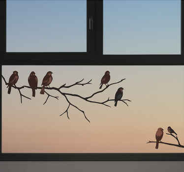 Vinilo para cristal ventana árboles de otoño con gorriones - TenVinilo