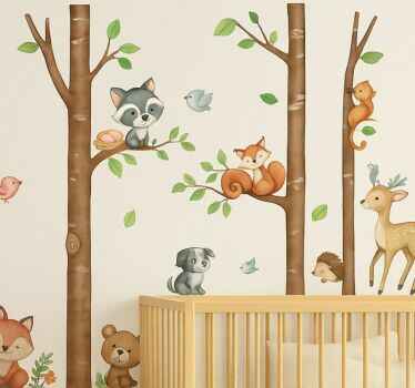 Nursery room wall decal brown animal tree trunks - TenStickers