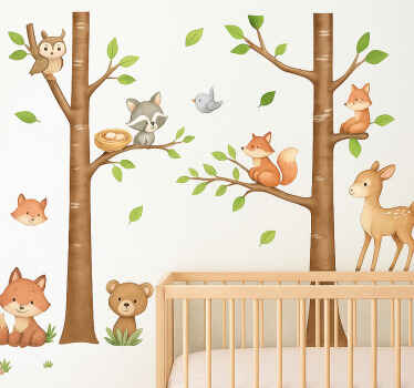 Nursery room wall decal cute animal tree trunks - TenStickers