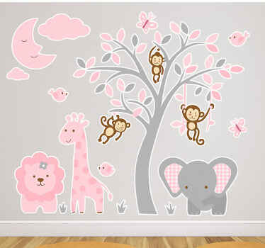 Nursery wall sticker enchanted pink and grey jungle - TenStickers