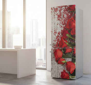 Folie kühlschrank rote rosen auf weißem holz - TenStickers