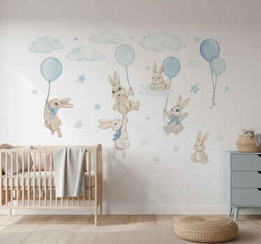 Vinilo infantil con conejitos adorables y globos - TenVinilo