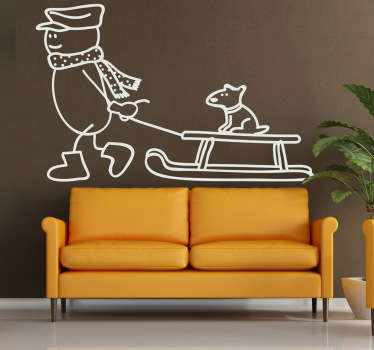 Wall Stickers-Illustration of a snow man pulling a dog on a sleigh. Christmas decorations ideal for the home or business.