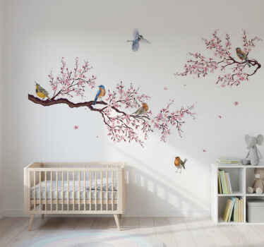 Sticker fleur branches de printemps et oiseaux - TenStickers