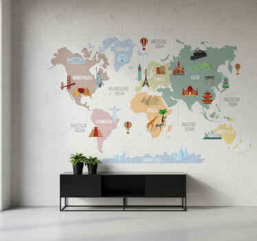 Sticker carte du monde monuments du monde - TenStickers