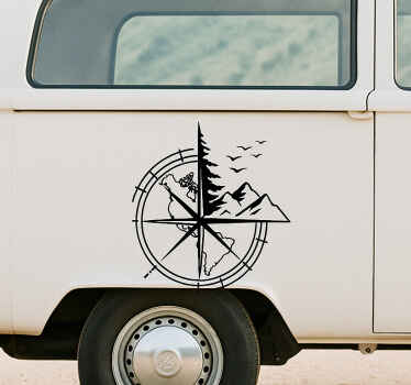 Sticker camping car design boussole avec paysages - TenStickers