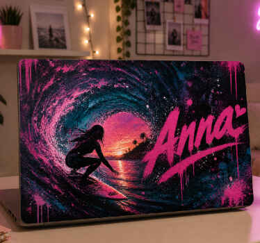 Vinilo para portátil graffiti surf neón con nombre - TenVinilo