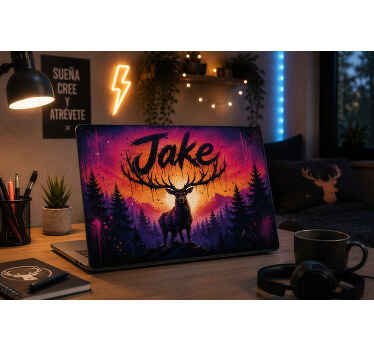 Vinilo para portátil ciervo neón graffiti con nombre - TenVinilo