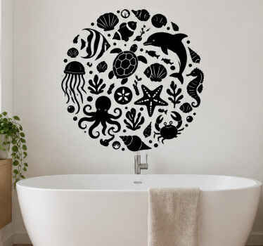 Bathroom wall sticker monochrome sea animals - TenStickers