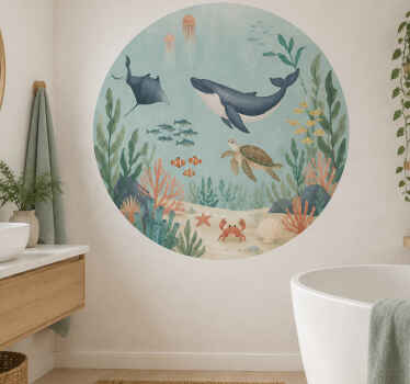 Bathroom wall sticker marine animals in circle - TenStickers
