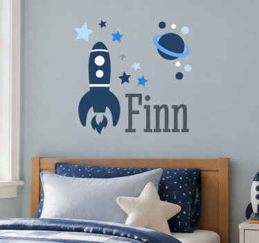 Adesivo murale bambini razzo e stelle con nome - TenStickers