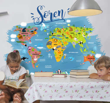 Personligt verdenskort med dyr - TenStickers