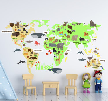 Zemljevid sveta favne z imenom slovenščina - TenStickers