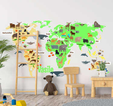 Harta lumii faunei cu numele autocolant de origine română - TenStickers