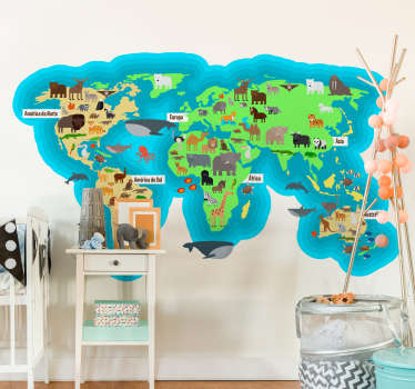 Autocolante mundo mapa mundo com oceano e fauna - TenStickers