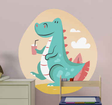 Cheerful Dinosaur Enjoying Beverage wall sticker for kids - TenStickers