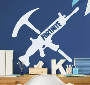 Decorate your walls with this fantastic Fortnite sticker! A gun and a pickaxe with the word fortnite on the gun. Order yours now!
